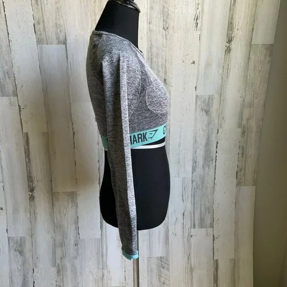 CLEARANCE! Gymshark Size Medium Flex Crop Top Grey Teal Blue Logo Band - Picture 3 of 6